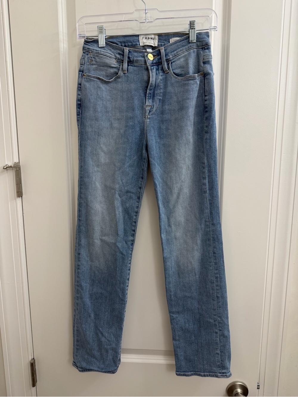 Frame Denim Straight Leg Jeans in faded light blue